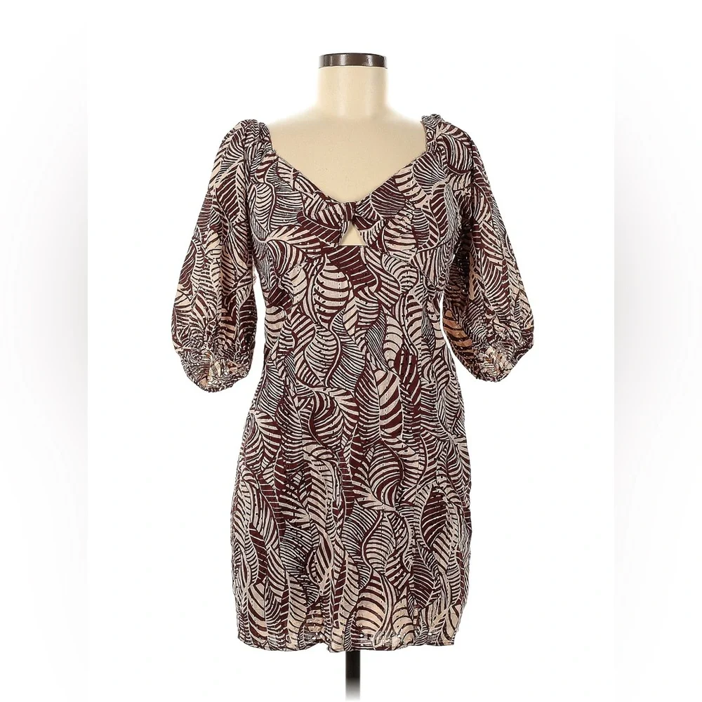 Mango Leaf-Print Mini Dress in Burgundy and Cream - Picture 8 of 11